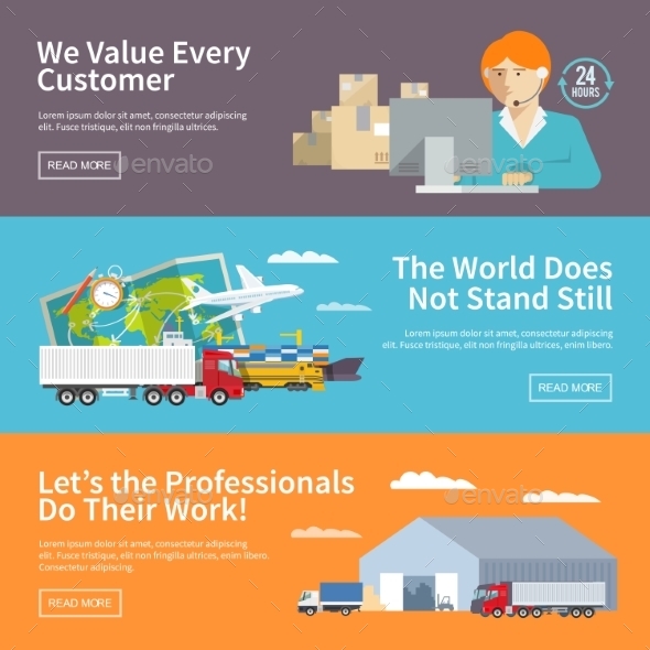 Colorful Flat Vector Logistics Banners Set - Travel Conceptual