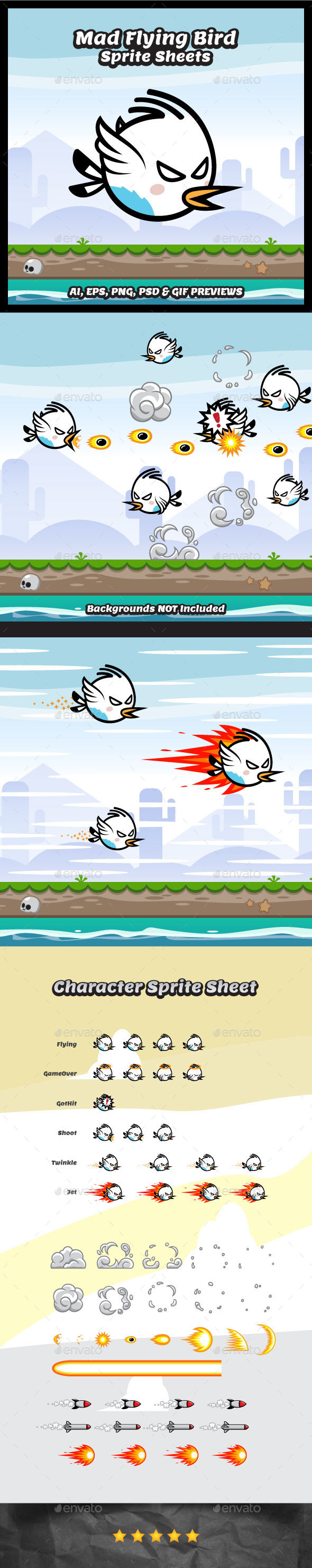 Mad Flying Bird Sprite Sheets Game Character - Sprites Game Assets