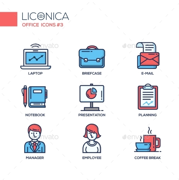 Set Of Modern Office Line Flat Design Icons - Business Conceptual