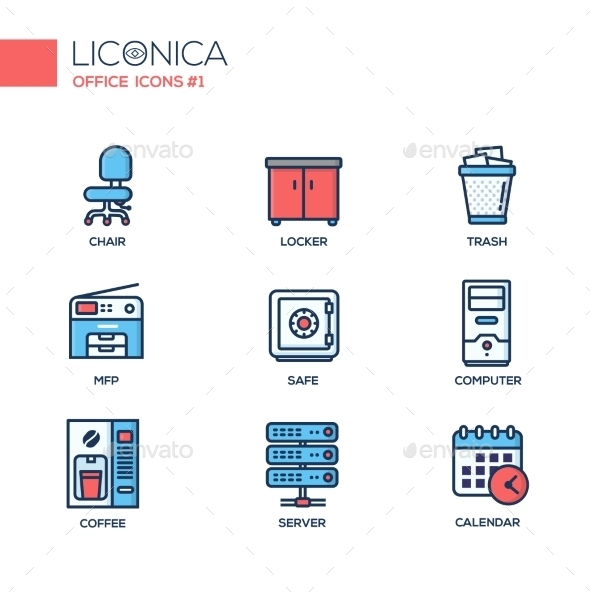 Set Of Modern Office Line Flat Design Icons - Business Conceptual
