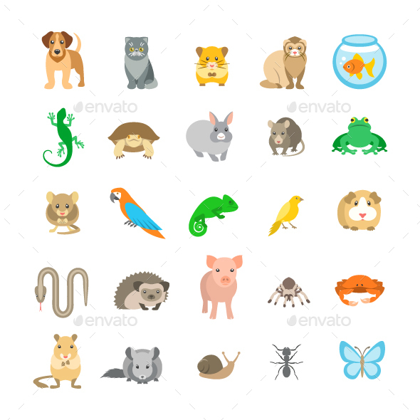 Animals Pets Vector Flat Colorful Icons Set - Animals Characters