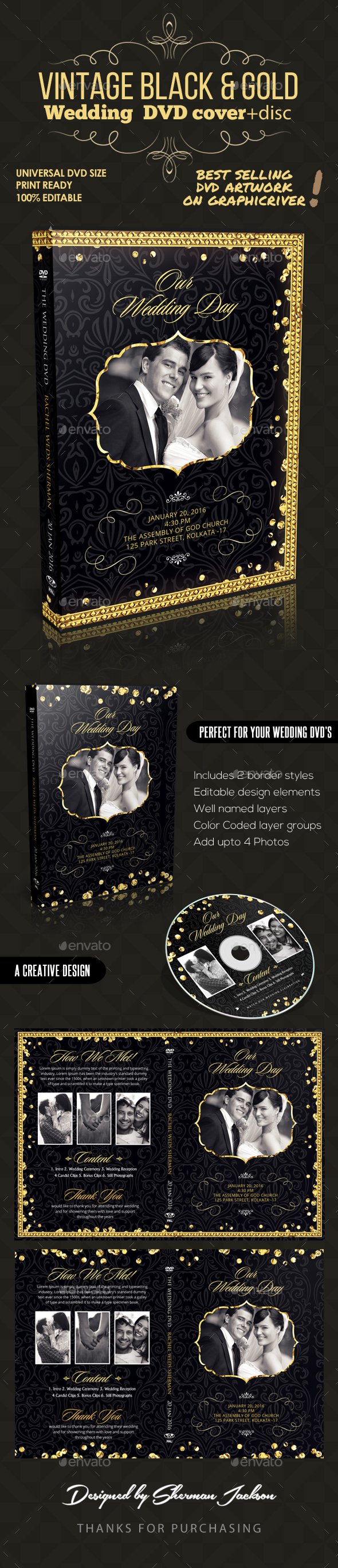 Vintage Black & Gold Wedding DVD Template - CD & DVD Artwork Print Templates
