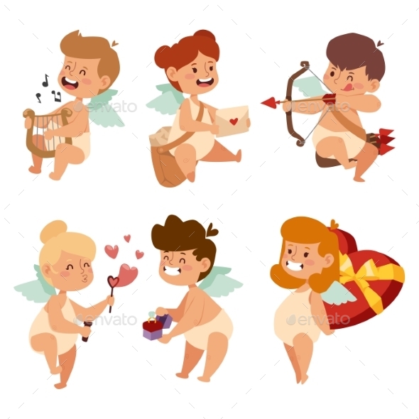 Valentine Day Cupid Angels Cartoon Style Vector - Characters Vectors