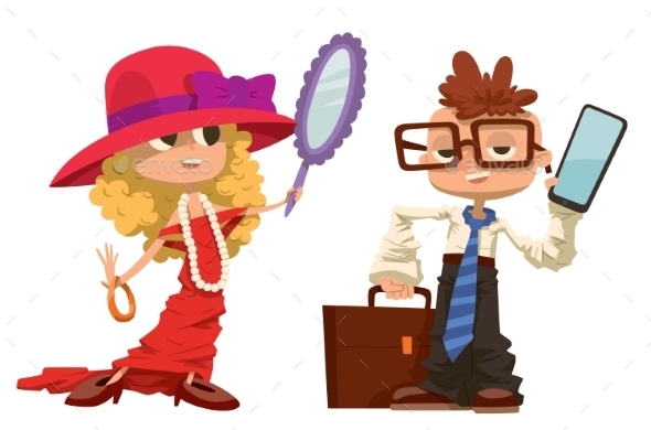 Cartoon Boy And Girl Dressed Like Mother, Father - People Characters