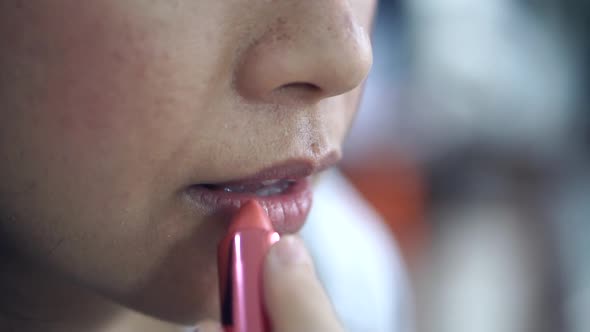 Applying Lipstick On Asian Woman Lip Close Up Slow Motion