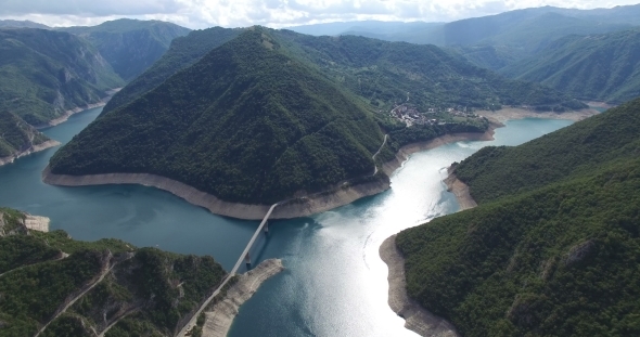 Aerial View Of Famous Piva Canyon With Its Fantastic Reservoir In Montenegro alt