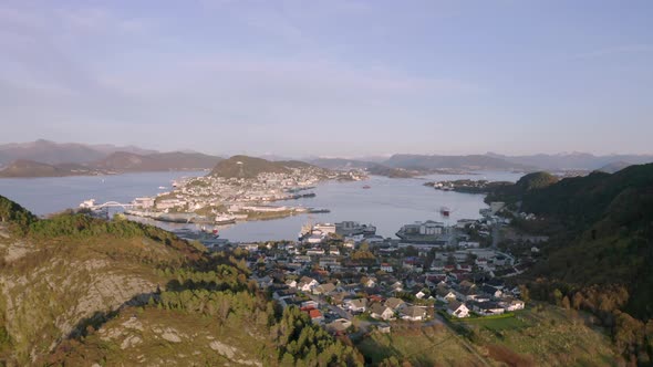 Alesund City on the West Coast of Norway at Sunset Aerial View alt
