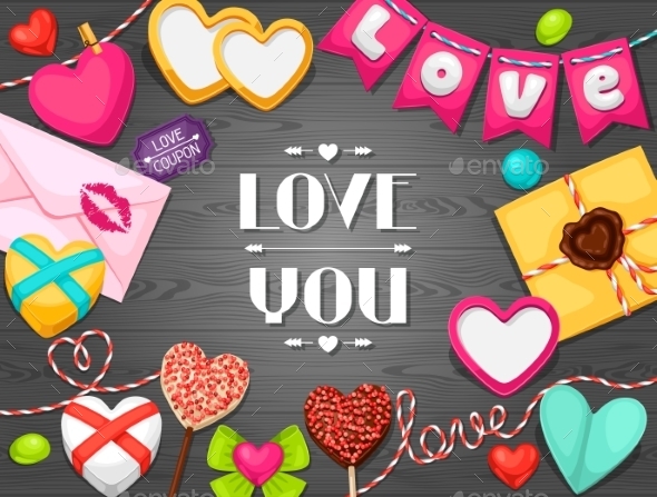 Greeting Card With Hearts, Objects, Decorations - Valentines Seasons/Holidays