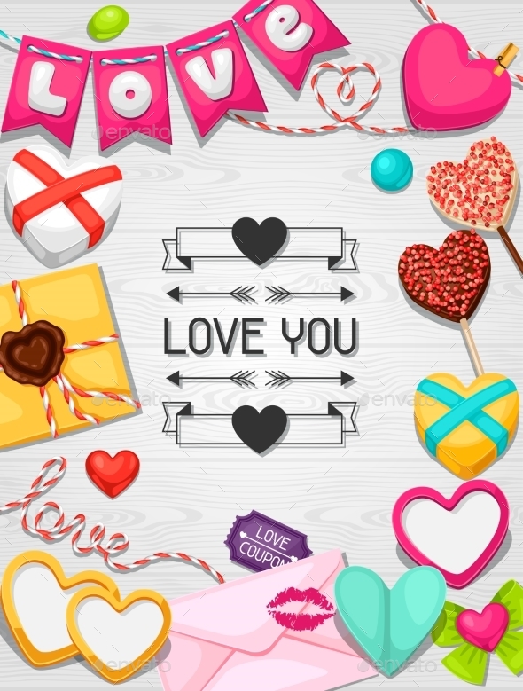 Greeting Card With Hearts, Objects, Decorations - Valentines Seasons/Holidays