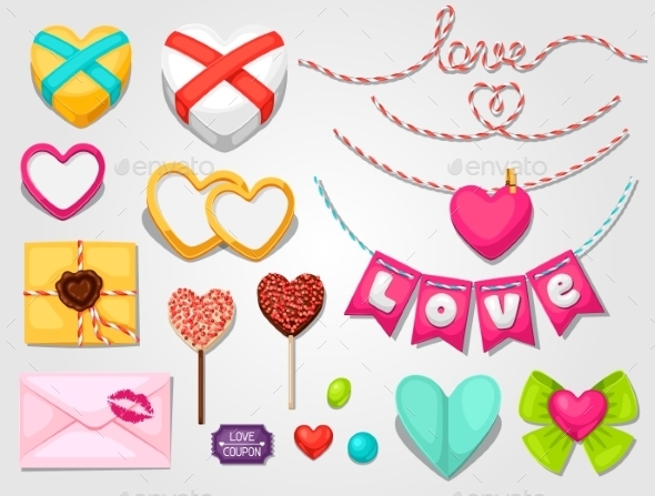 Set Of Hearts, Objects, Decorations. - Valentines Seasons/Holidays