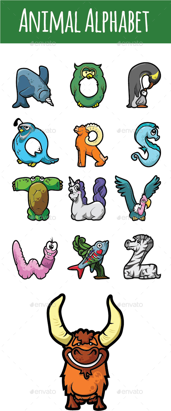 Animal Alphabet Letters N to Z - Animals Characters