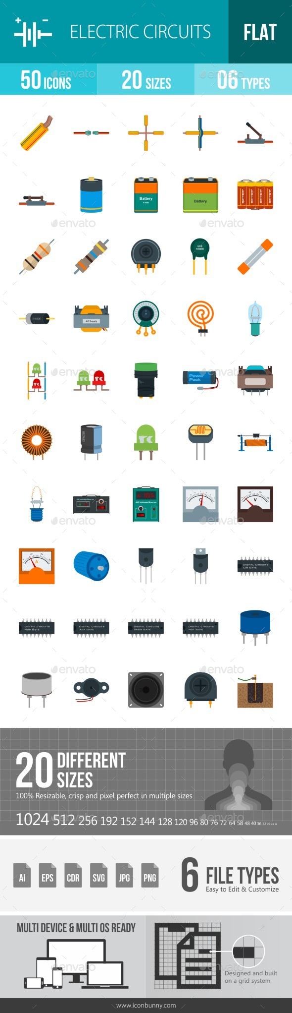 Electric Circuits Flat Multicolor Icons - Icons