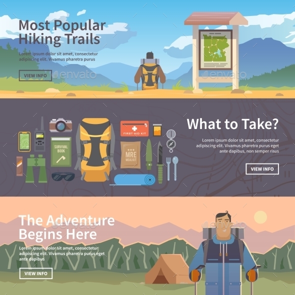 Flat Web Vector Hiking Banners. - Landscapes Nature