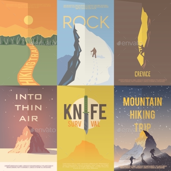 Flat Vector Advertising Posters. Climbing, Hiking. - Travel Conceptual