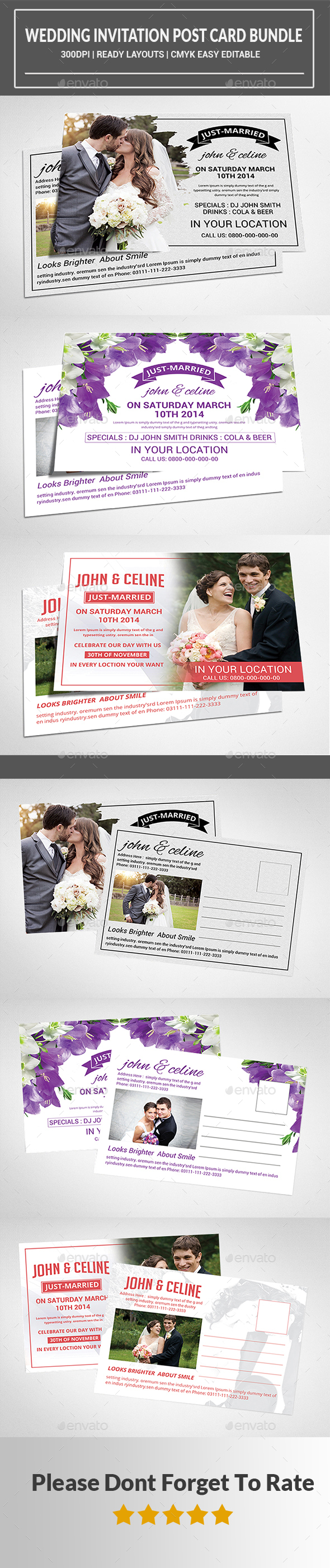 Wedding Invitation Post Card Bundle - Cards & Invites Print Templates