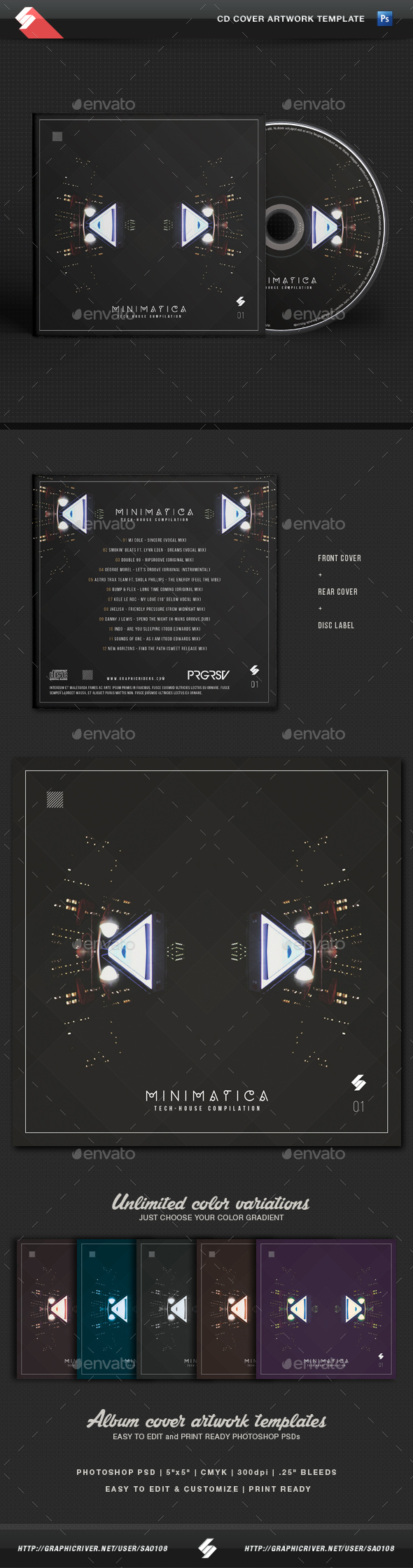 Minimatica - Minimal Techno CD Cover Template - CD & DVD Artwork Print Templates