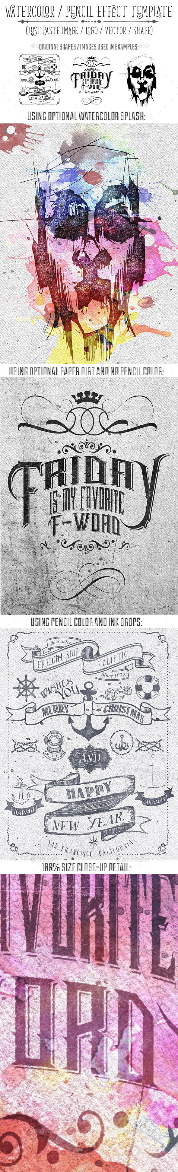 Watercolor or Pencil Press Style Text, Logo, Image Treatment - Hero Images Graphics