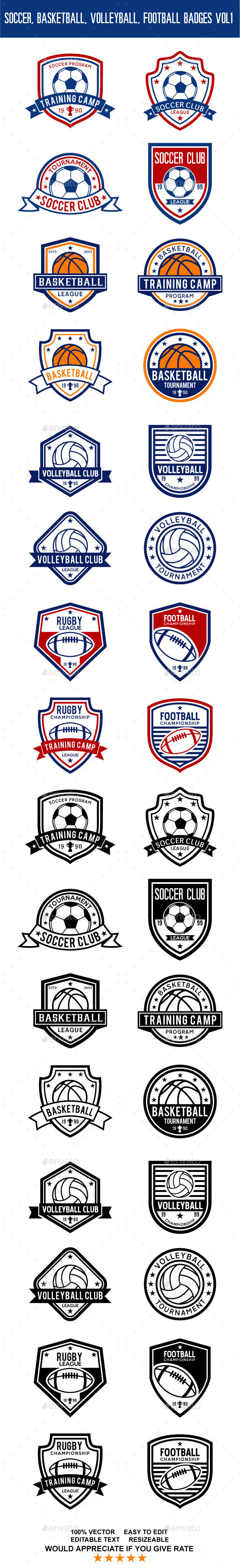 Soccer, Basketball, Volleyball, Football Badges Vol 1 - Badges & Stickers Web Elements