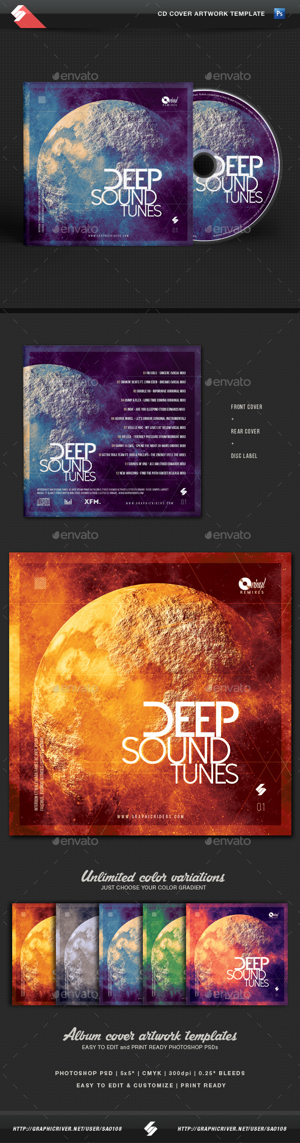 Deep Sound Tunes - CD Cover Template - CD & DVD Artwork Print Templates