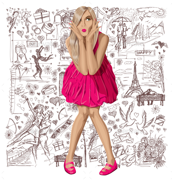 Blonde In Pink Dress Against Love Background - Valentines Seasons/Holidays