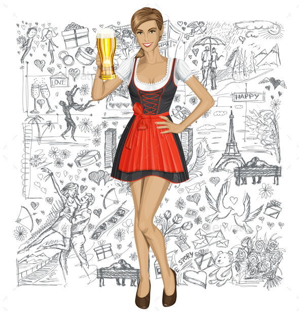 Vector Cute Woman In Drindl With Beer Against Love Background - Valentines Seasons/Holidays