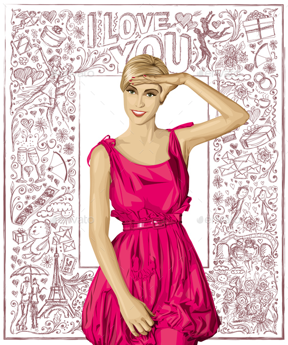 Vector Surprised Blonde in Pink Dress Against Love Background - Valentines Seasons/Holidays