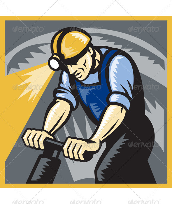 Coal Miner Drilling Pneumatic Drill Retro Woodcut