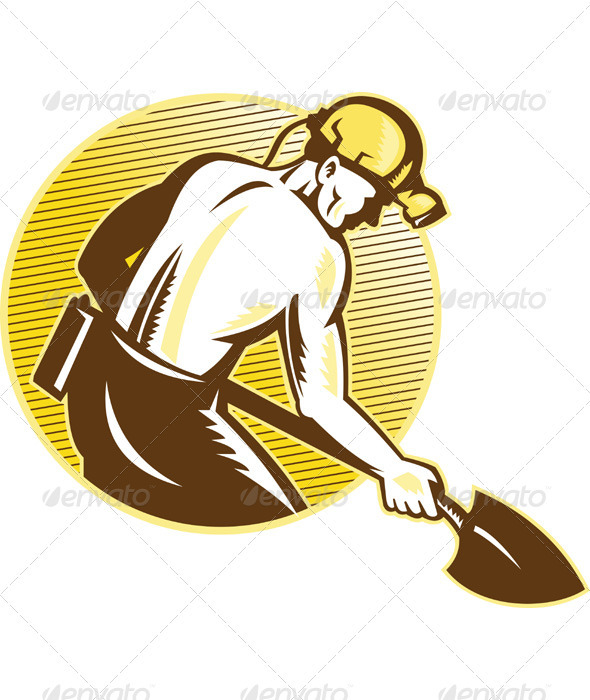 Coal Miner With Shovel Retro Woodcut - Industries Business