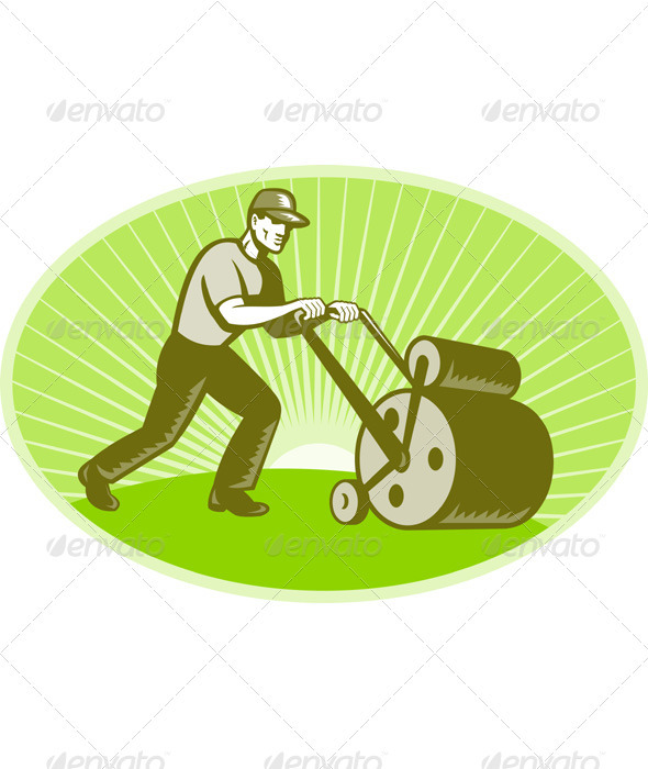Groundsman Groundskeeper Lawn Roller Woodcut - Industries Business