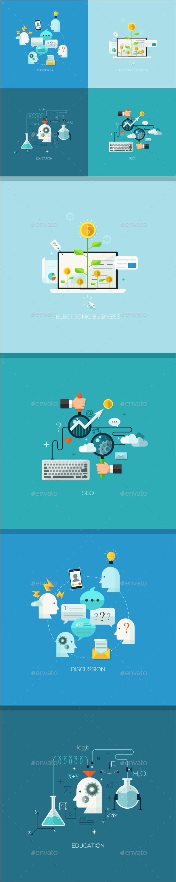 Set of 4 Flat Concepts for Web Design - Web Technology