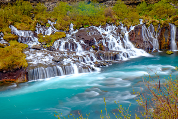 The tiny Hraunfossar falls, Iceland - Stock Photo - Images
