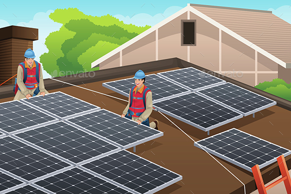 Workers Installing Solar Panels on Roof - People Characters