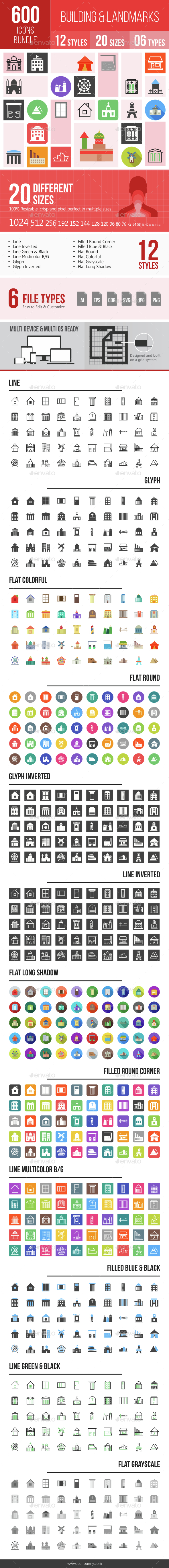 600 Building & Landmarks Icons Bundle - Icons