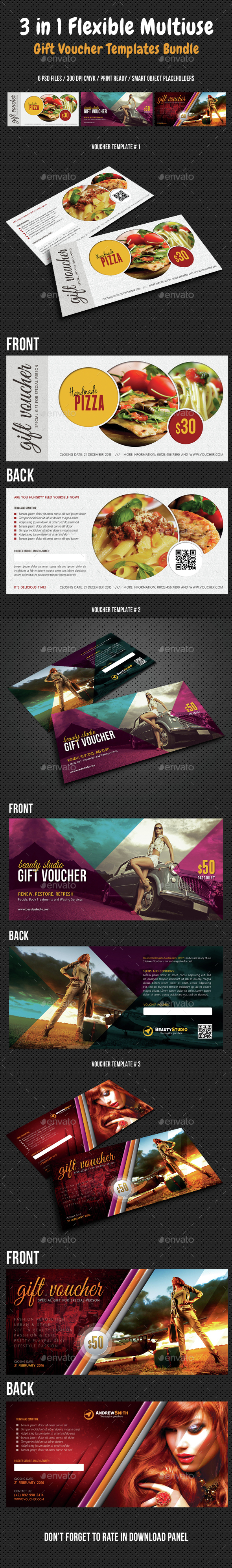 3 in 1 Flexible Multiuse Gift Voucher Bundle 02 - Cards & Invites Print Templates