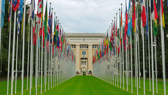 UN, United Nations with Flags, Geneva, Switzerland