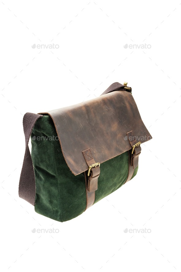 Green and brown satchel bag isolated on white background.