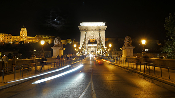 View of Historic Chain Bridge at Night, Budapest, Hungary