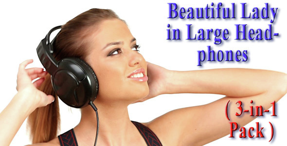 Beautiful Lady Listening Music in Large Headphones (3-in-1 Pack)