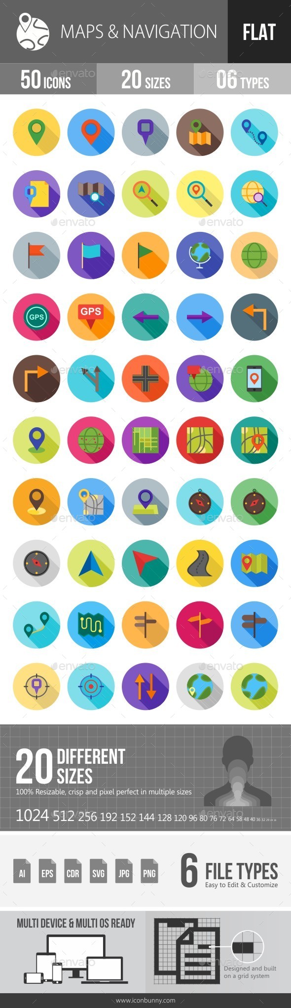 Maps & Navigation Flat Shadowed Icons - Icons