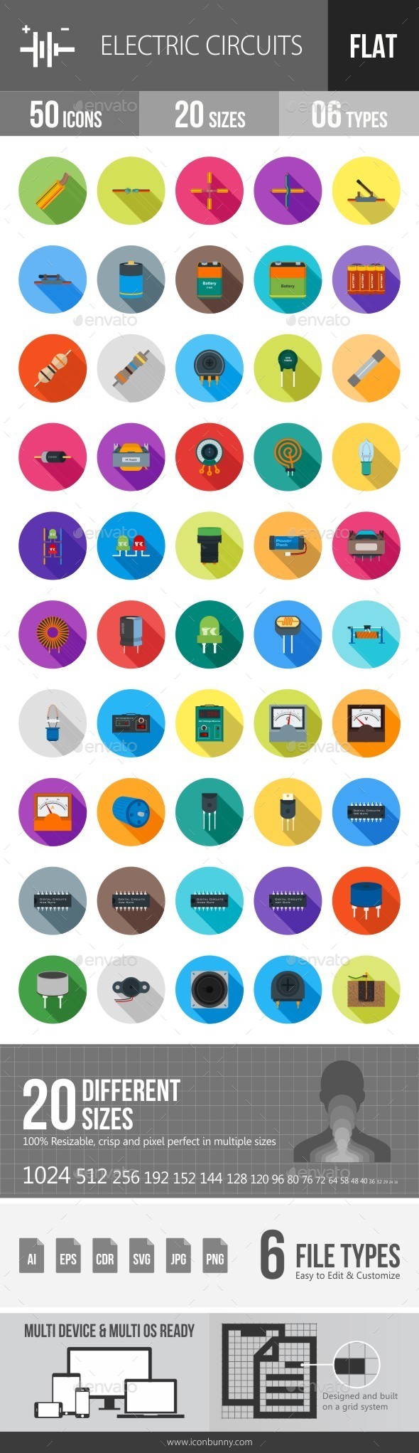 Electric Circuits Flat Shadowed Icons - Icons