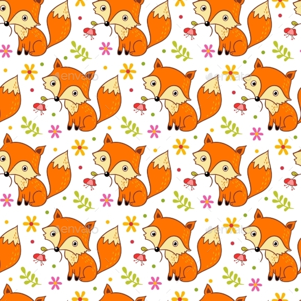 Cute Background With Cartoon Fox And Flowers. - Patterns Decorative