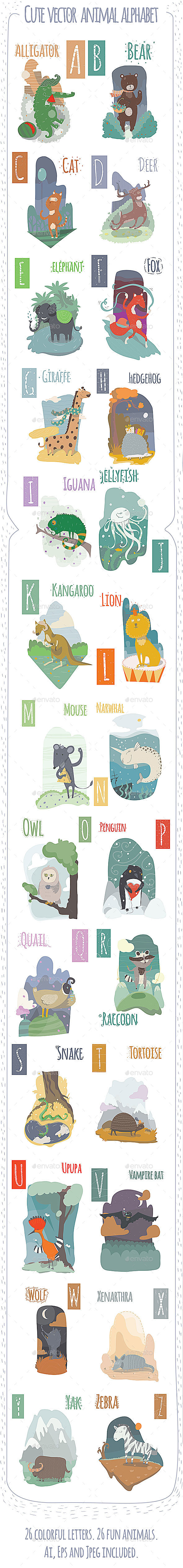 Cute Animal Vector Alphabet - Animals Characters