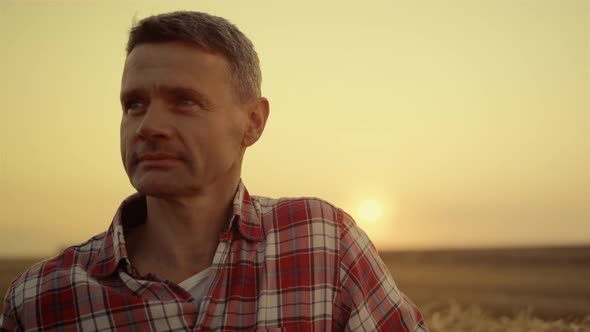 Happy Farmer Standing in Wheat Field at Golden Sunset Hour alt