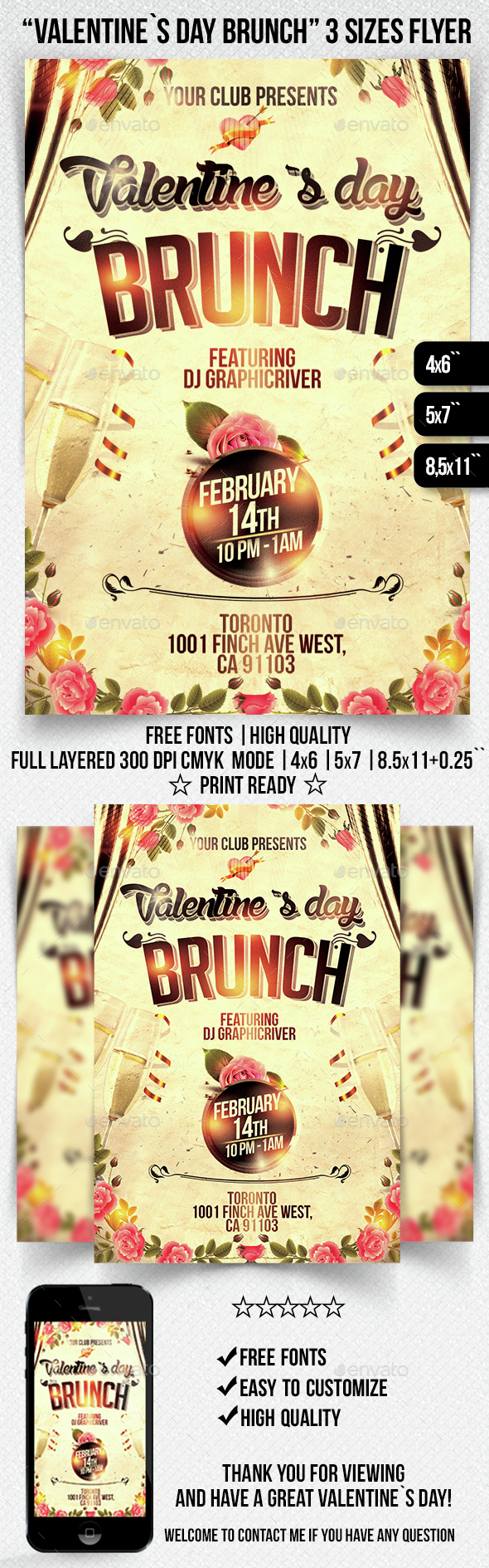 Valentine`s Day Brunch Flyers Template 3 sizes included - Clubs & Parties Events
