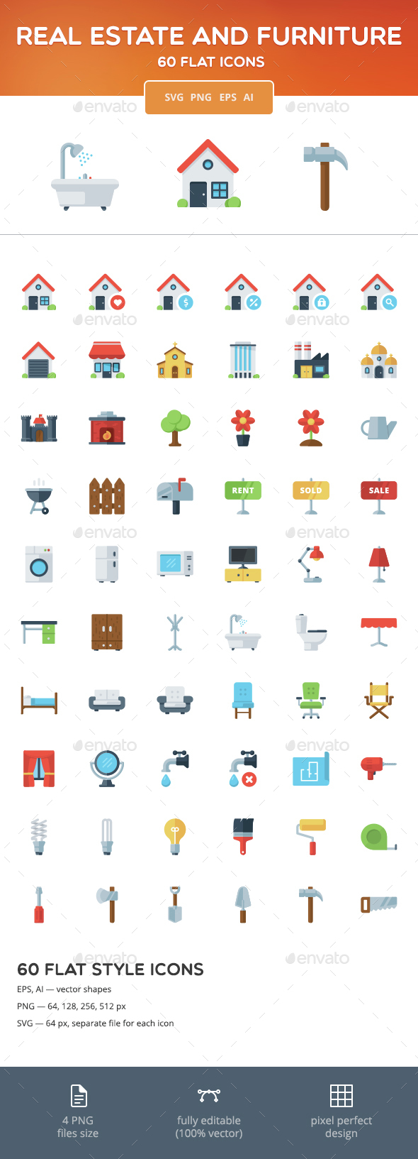 Real Estate and Furniture Flat Icons - Buildings Objects