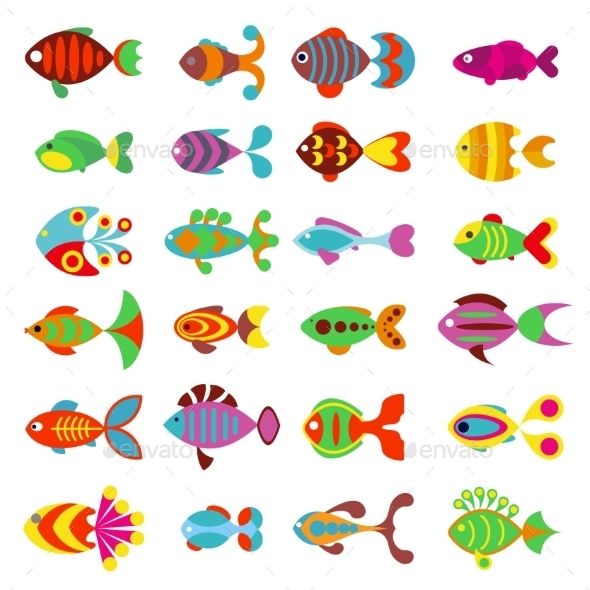 Aquarium Flat Style Fishes Vector Icons - Animals Characters