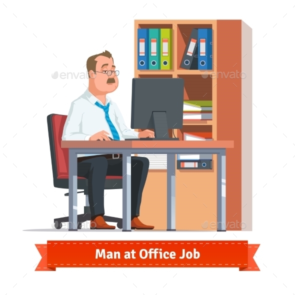 Man Working On a Computer At The Office Table - People Characters