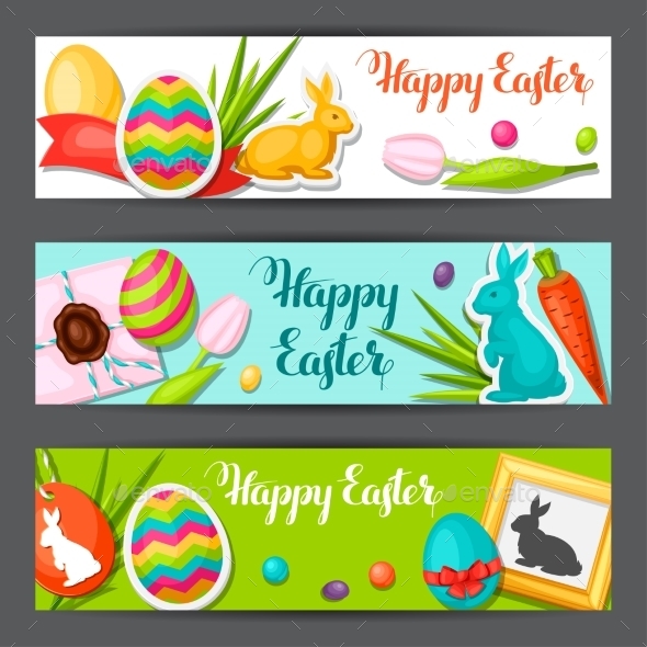 Happy Easter Banners With Decorative Objects, Eggs - Seasons/Holidays Conceptual