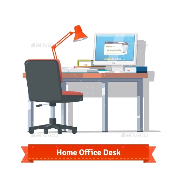 Comfortable Home Workplace With Turned On Desktop - Objects Vectors