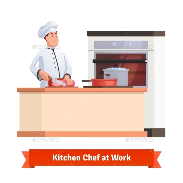 Chef Cook Slicing Meat With a Knife At The Table - Food Objects